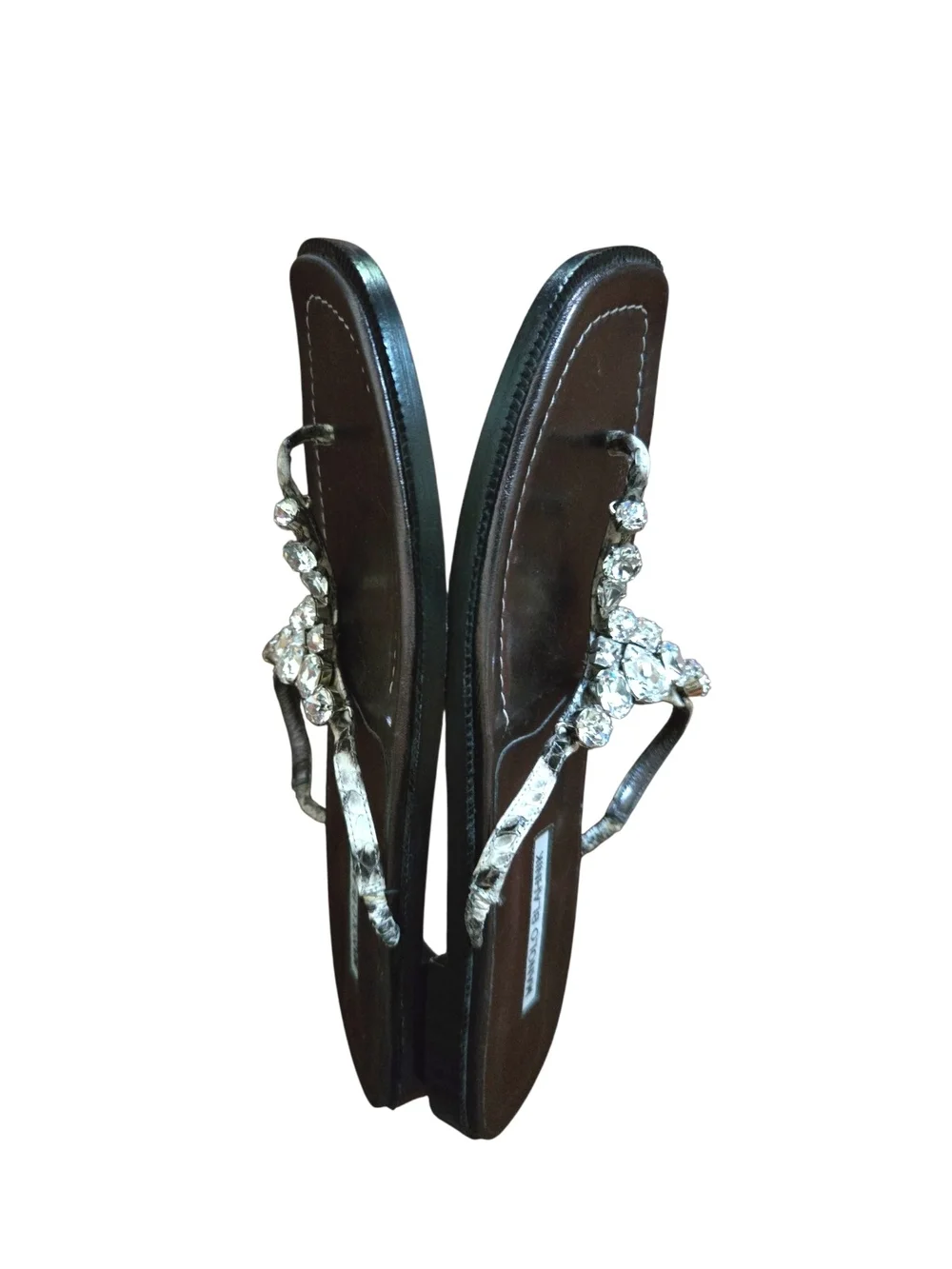 Manolo Blahnik Brown Crystal-Embellished T-strap Sandals